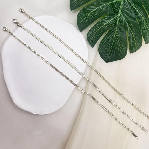 Silver Ankle Bracelets for Women Waterproof Stainless Steel Anklet Adjustable Layered Cuban Silver Anklets Set Summer Beach Foot Jewelry Gift - color: Style A Silver