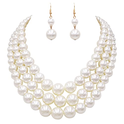 Rosemarie & Jubalee Women's 3 Colorful Multi Strands Simulated Pearl Necklace And Earrings Jewelry Gift Set, 18"+3" Extender - color: Cream Gold Tone - Double Ball Earring