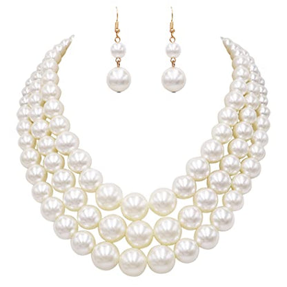 Rosemarie & Jubalee Women's 3 Colorful Multi Strands Simulated Pearl Necklace And Earrings Jewelry Gift Set, 18"+3" Extender - color: Cream Gold Tone - Double Ball Earring