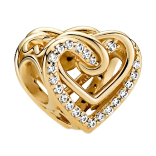 14K Gold Plated Silver Charms for Pandora, Women Heart Family Love Pet Animal Bead Dangle for Bracelets Necklace Jewelry Gift - color: B-Golden- Twisted Heart