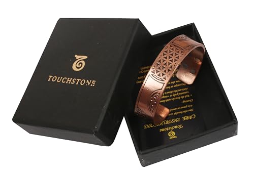 Touchstone magnetic copper bracelets for men women in gift box, engraved | 100% pure solid real adjustable bangle bracelet cuff jewelry; 12X ultra strength with 3500 gauss neodymium magnets; - style: Marvelous Motifs