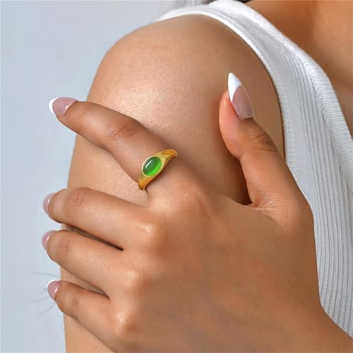 HIJONES Women's Stainless Steel Oval Opal Gemstone Dome Stacking Signet Ring Charming Wedding Jewelry - color: Green Stone