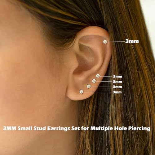 14K Gold Filled Polished Small CZ Pearl Ball Stud Earrings Set for Women Men 20G Surgical Steel Hypoallergenic Piercing Studs for Sensitive Ear, Pack of 6 Pairs - style: U : 3MM Gold Cubic Zirconia Studs Set