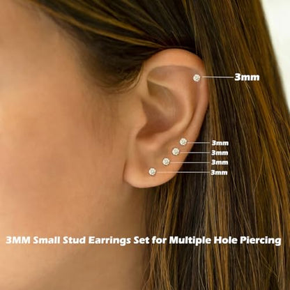 14K Gold Filled Polished Small CZ Pearl Ball Stud Earrings Set for Women Men 20G Surgical Steel Hypoallergenic Piercing Studs for Sensitive Ear, Pack of 6 Pairs - style: U : 3MM Gold Cubic Zirconia Studs Set