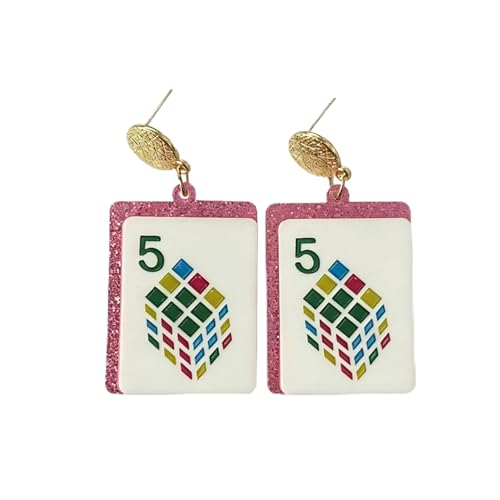 Mahjong Earrings Funny Acrylic Geometric Chinese Mahjong Tile Earrings for Women Mahjong Lovers Jewelry - color: Cube 5