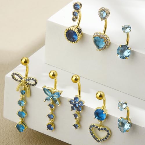BSJ4U 8Pcs Gold Pink Silver Belly Button Ring Dangle Navel Belly Piercing Jewelry Cute CZ Butterfly Heart Flower Bow Navel Belly Rings for Women 14G Hypoallergenic Surgical Stainless Steel Dainty Dangling Dangly Belly Button Piercing Pack - color: Gold Bl