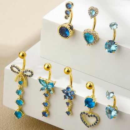 BSJ4U 8Pcs Gold Pink Silver Belly Button Ring Dangle Navel Belly Piercing Jewelry Cute CZ Butterfly Heart Flower Bow Navel Belly Rings for Women 14G Hypoallergenic Surgical Stainless Steel Dainty Dangling Dangly Belly Button Piercing Pack - color: Gold Bl