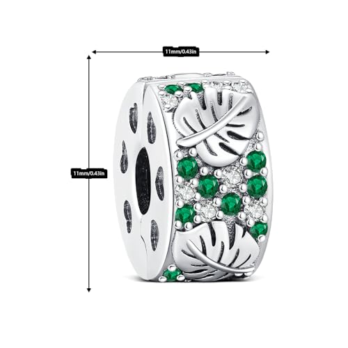 KEQ Clip Spacer Charm for Bracelet 925 Silver Pave Cubic Zirconia Clip Lock Stopper Bead Spacer For Women Bracelets Stopper Birthday Gifts European Openable Beads 2pcs - color: Monstera