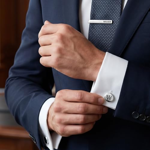 Custom Monogram Cufflinks for Men – Personalized Cuff Links & Tie Clip Set with Engraved Wood Box – Wedding Gifts for Groom, Dad, Groomsmen, Father of the Bride - color: Rose Gold