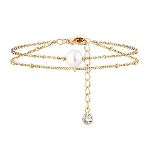 MEVECCO Dainty Chain Bracelets for Women, Layered and Charm Styles | 14K Gold Plated Brass, Select Cubic Zirconia Accents, Single and Multi-Row Structures for Refined Everyday Wristwear - style: 2 Layer 1 Pearl Satellite Chain