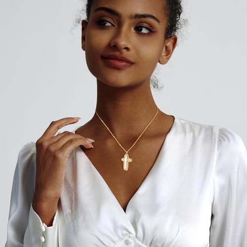 Zeffy 14K Gold/Silver Plated Chunky Thick Chain Toggle Clasp Necklace Dainty Baroque Pearl/Heart/Cross/Turquoise Pendant Necklace - color: Gold Baroque Pearl Cross Necklace