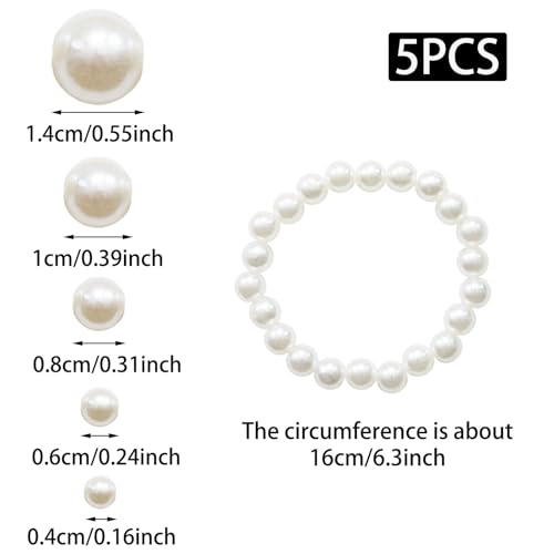 5Pcs White Faux Pearl Bracelet, Bridal Wedding Stackable Bracelets | 5 Size Stretch Bridesmaid Bridal Wedding Stackable Bracelets, Faux Pearl Beaded Bracelet for Ladies/Bridal Wedding Party Gift