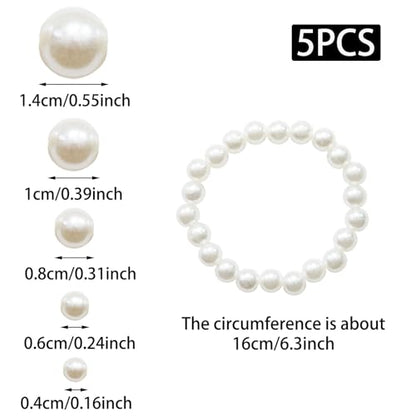 5Pcs White Faux Pearl Bracelet, Bridal Wedding Stackable Bracelets | 5 Size Stretch Bridesmaid Bridal Wedding Stackable Bracelets, Faux Pearl Beaded Bracelet for Ladies/Bridal Wedding Party Gift