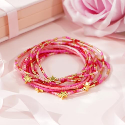 Gold Beaded Bracelets Stack for Women Stocking Stuffers 12PCS Boho Gold Plated Seed Beads Bracelet Stretch Star Stackable Accessories Jewelry Friendship Fall Christmas Gifts for Women - color: Pink