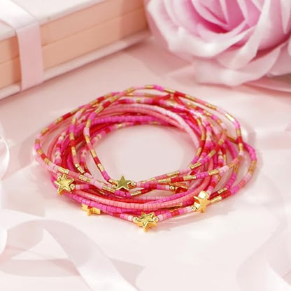 Gold Beaded Bracelets Stack for Women Stocking Stuffers 12PCS Boho Gold Plated Seed Beads Bracelet Stretch Star Stackable Accessories Jewelry Friendship Fall Christmas Gifts for Women - color: Pink
