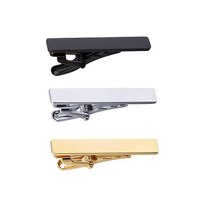 AnotherKiss 3-Pack Skinny Tie Clips for Men, Black Gold Silver Tone | Includes 3 slim tie clips in black, gold and silver tone, ideal for skinny ties, dress shirts, business wear and weddings.