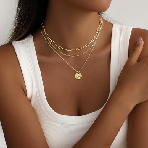Layered Gold Necklace for Women, 14K Gold Plated Necklace Stack for Women, Dainty Adjustable Gold Necklace Set