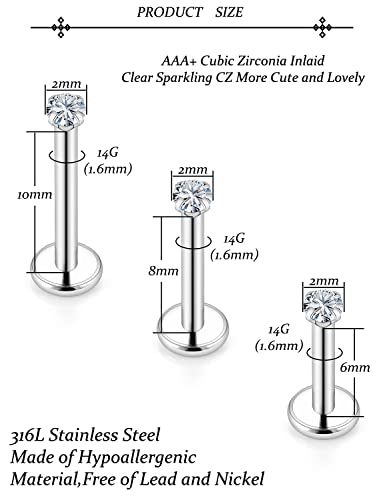 14G Lip Rings Stainless Steel Tragus Helix Conch Piercing Jewelry Snake Bite Piercing Monroe Lip Rings Labret Medusa Cartilage Lobe Earrings Studs Piercing Jewelry 6MM 8MM 10MM Silver 18PCS - color: 14G-2MM