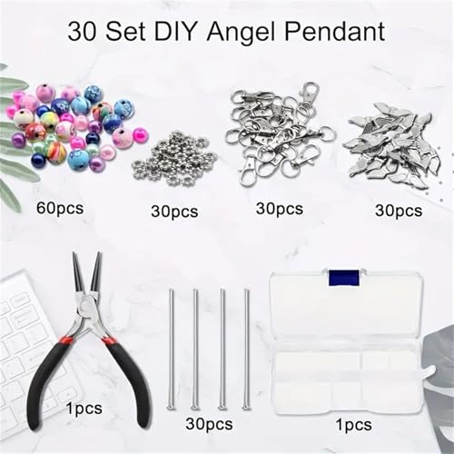 Metacipher 180Pcs DIY Angel Keychain Making Kit with Beads & Pliers | Angel Wing Spacers,Floral Beads,Lobster Clasps,DIY Bag Charm,Gifts, Jewelry Making Supplies,Crafts, for Women Adults - color: Flowers Beads