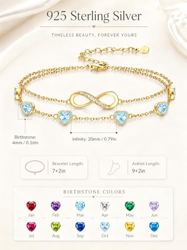 Prismata Infinity Birthstone Charm Link Bracelet/Anklet 925 Sterling Silver Adjustable 12 Months Birthstone Infinity Bracelet/Anklet Birthday Jewelry Gifts for Women Her - color: 03-March, size: 7'+2' Bracelet-18K Gold Plated