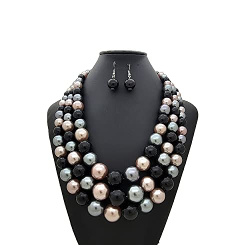 Simulated Pearl Necklace & Earring Set, Multi Strand - color: Black Mix