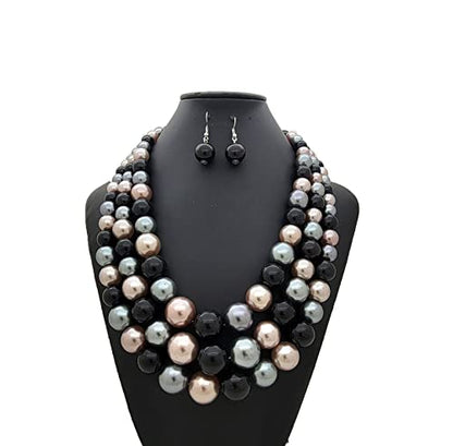 Simulated Pearl Necklace & Earring Set, Multi Strand - color: Black Mix