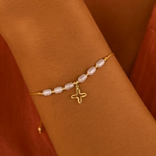 Boho Glass Seed Beaded Bracelets For Women, Handmade Romantic Gold Plated charm String Braided Rope Adjustable Jewelry, Summer Beach Daily Party Friendship Gift - color: Pearl Cross