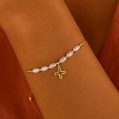 Boho Glass Seed Beaded Bracelets For Women, Handmade Romantic Gold Plated charm String Braided Rope Adjustable Jewelry, Summer Beach Daily Party Friendship Gift - color: Pearl Cross