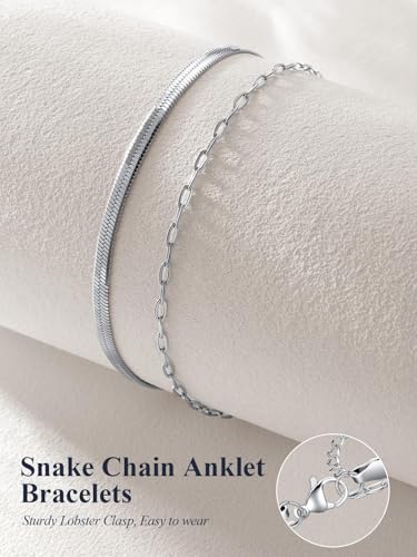 U7 Silver/Gold/Black Ankle Bracelets for Women Layered Chain Anklets | Stainless Steel Anklets Waterproof Summer Beach Anklet Charm, Adjustable 8.5"-10.5",Layered Anklet Fashion - color: Silver - Flat Snake Chain+Paperclip Chain
