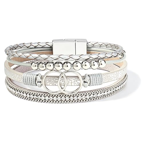Leather Wrap Bracelets for Women, Boho Leopard Multi-Layer Crystal Beads Cuff Jewelry - color: J-Warp-014