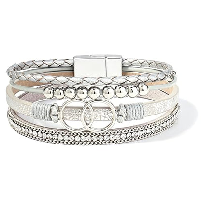 Leather Wrap Bracelets for Women, Boho Leopard Multi-Layer Crystal Beads Cuff Jewelry - color: J-Warp-014
