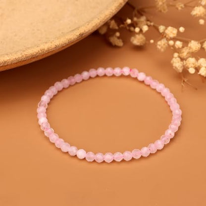 Natural Faceted Crystal Bracelet for Women,4mm Gemstone Round Beads Bracelets Adjustable Stretchy Healing Crystal Beads Bracelets Dainty Jewelry Gift - color: Rose Quartz