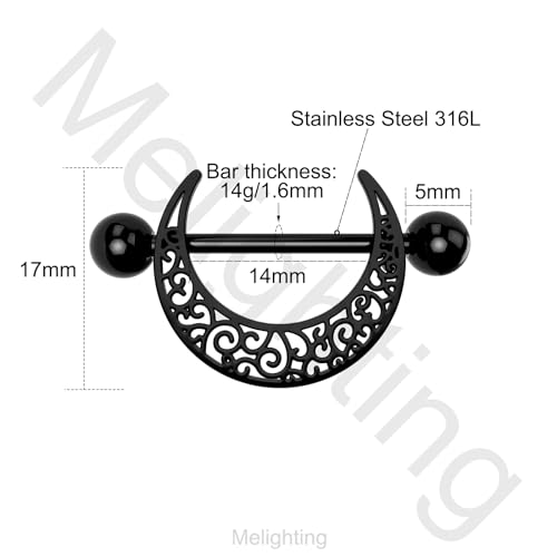 Melighting Black Nipple Rings 14G Pattern Piercing Jewelry for Women - Stainless Steel 316L Moon Barbell