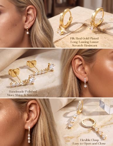 MILACOLATO 5 Pairs 925 Sterling Silver Earrings for Women Trendy Ear Stacks | 14K Gold Plated Stud Huggie Hoop Earrings Set Hypoallergenic CZ Pearl Dangle Earring Prom Bridal Bridesmaids Wedding Jewelry - color: Gold - 2 Pairs of CZ Hoops + 3 Pairs of CZ