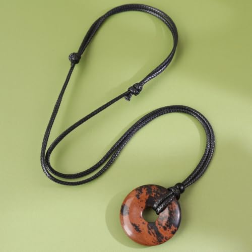 FANASY Natural Gemstone Pendant Necklce Lucky Coin Crystal Necklace Protection Donut Pendnat with Adjustable Rope for Men Women - color: Golden Swan Stone