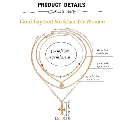 MODRSA Gold Stacked Layered Necklaces for Women Pearl Pendant Charm Cross Lariat Slip Shell Starfish Y Chain Necklace Adjustable Silver Boho Jewelry Gifts for Women Summer Vacation Beach Accessories - color: A1- Layered cross pearl - Gold