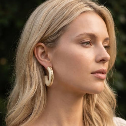 Gold Plated Resin Chunky Hoop Earrings Hypoallergenic Push Back Hoops for Sensitive Ears - color: Creamy