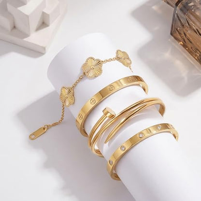 Stackable Gold Bracelets for Women - 4 Sets, 18K Gold Plated Bracelets, Stainless Steel Bangle Bracelets Non-Tarnish, Stylish Gold Jewelry Ensemble, Valentine's Day, Birthday and Christmas Jewelry Gifts - color: A3-(Gold 4Sets)