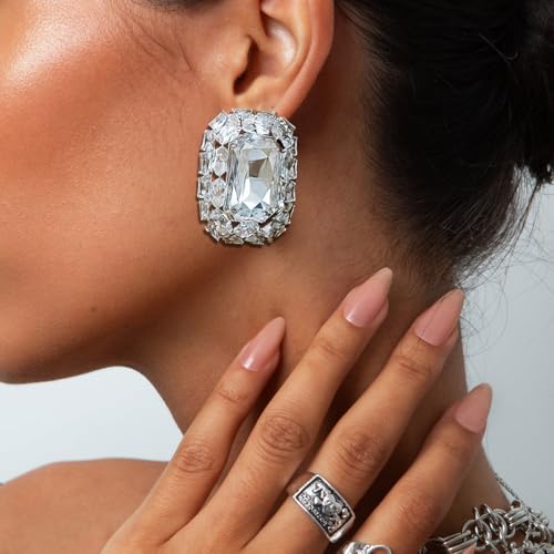 Silver Earrings for Women - Sparkly Crystal Clip On Earrings Statement Rhinestone Wedding Earring for Non Pierced Trendy Formal Prom Jewelry Gift - color: Silver 3