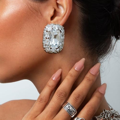 Silver Earrings for Women - Sparkly Crystal Clip On Earrings Statement Rhinestone Wedding Earring for Non Pierced Trendy Formal Prom Jewelry Gift - color: Silver 3