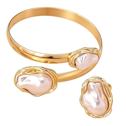 Vintage Irregular Pearl Bracelet Ring Set for Women, Chunky Cuff White Gold Matching Jewelry, Prom Fashion Accessories