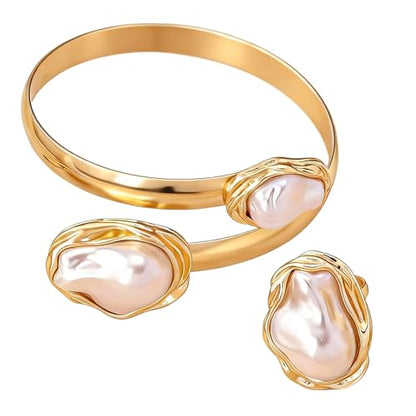 Vintage Irregular Pearl Bracelet Ring Set for Women, Chunky Cuff White Gold Matching Jewelry, Prom Fashion Accessories