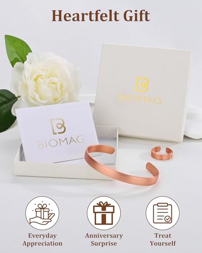 BioMag Pure Copper Bracelet & Ring for Women Men, 99.99% Solid Handmade Copper Cuff Bangle, Adjustable Jewelry Gift with Gift Box - color: Rose Gold (Matte)