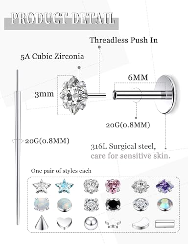 20G 18G 16G 14K Gold Filled Threadless Flat Back Earrings Studs Surgical Stainless Steel Opal CZ Nose Rings Studs Tragus Helix Conch Cartilage Earrings Piercing Jewelry For Women Men Silver - color: Silver, size: 20 Gauge-6MM Bar