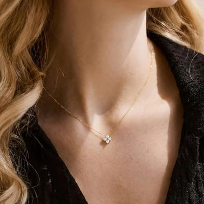 Gold Silver Necklace for Women, Dainty Cubic Zirconia Pendant | Teardrop CZ Charm, 14K Gold/Sterling Silver Plated, Adjustable Chain, Hypoallergenic & Waterproof Jewelry, Cute Trendy Gift - color: Gold-Clover necklace