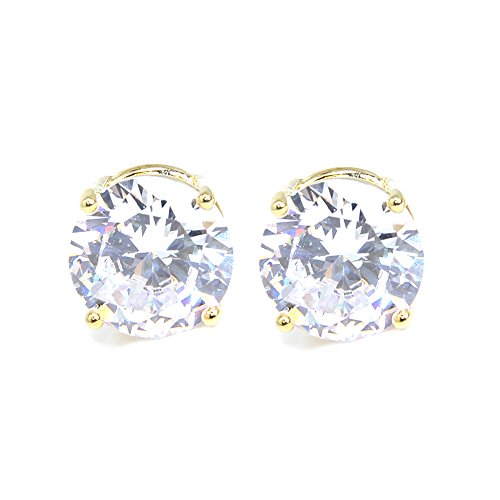 Stainless Steel Round Cut Cubic Zirconia Stud Earrings With Clear Case - Gold, Silver (3mm~12mm) - color: 9mm-Gold