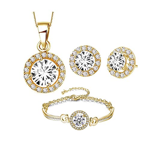 4 Pieces Fashion Elegant Zircon Pendant Gold Necklace Earring Bracelet Jewelry Set for Women Lady Wedding Birthday Party Prom Gifts