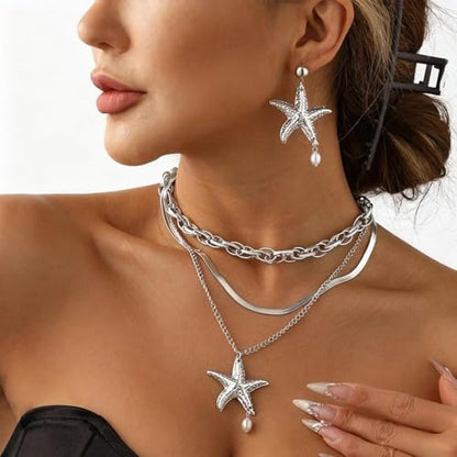 Gold Layered Stackable Starfish Earrings Necklace Sets for Women,Boho Faux Pearl Earrings Chunky Herringbone Pendant Necklace Ocean Matching Jewelry Gifts - color: Silver