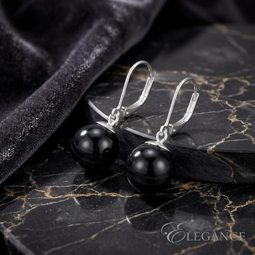 Pearl Leverback Earrings for Women Dangle Round Gemstone Earrings Birthstone Jewelry Gift Anniversary for Her - color: 18 Black agate