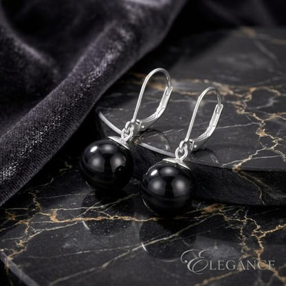 Pearl Leverback Earrings for Women Dangle Round Gemstone Earrings Birthstone Jewelry Gift Anniversary for Her - color: 18 Black agate